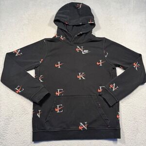Nike Club Fleece Hoodie Youth XL Black All Over Print AOP Pullover Sweatshirt